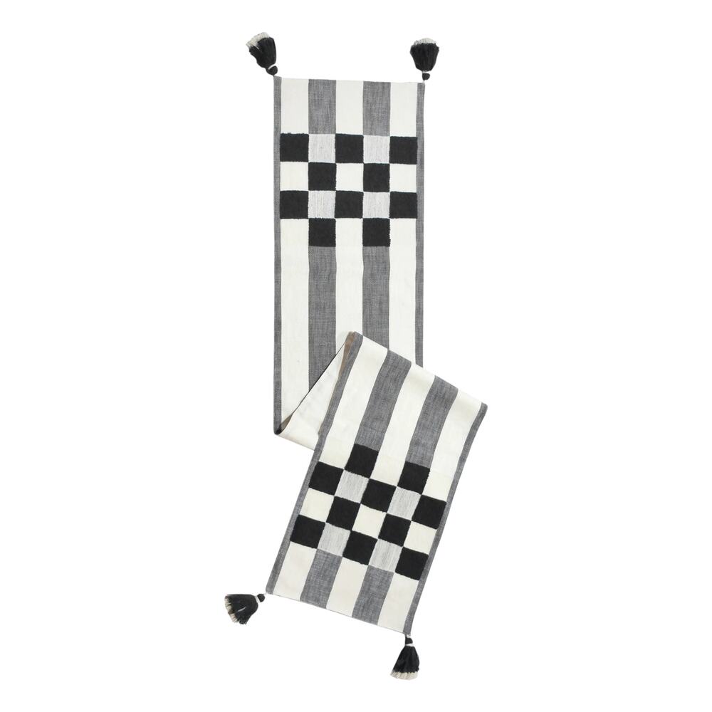 MACKENZIE-CHILDS Black Checks and Stripes Table Runner